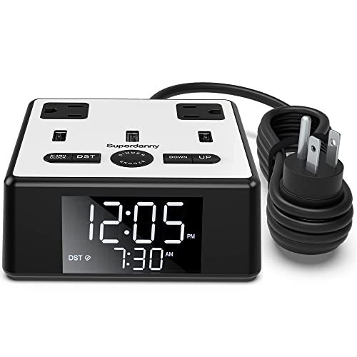 Digital Alarm Clock with 3 USB Charger, SUPERDANNY Desk Charging Station 2 AC Outlets, 6.5ft Cord, Power Strip Surge Protector 1700J, LCD Display, Easy Alarm Setting for Bedroom Dorm Room Hotel