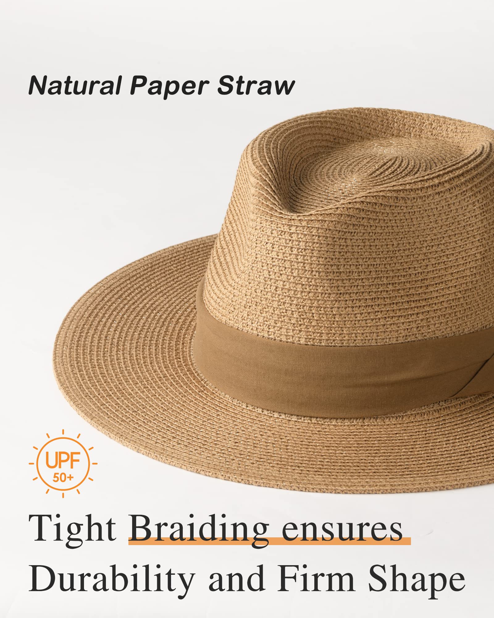 FURTALK Panama Hat Sun Hats for Women Men Wide Brim Fedora Straw Beach Hat UV UPF 50 Brown