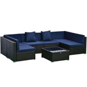 Outsunny 7-Piece Patio Furniture Sets Outdoor Wicker Conversation Sets All Weather PE Rattan Sectional Sofa Set with Cushions & Tempered Glass Desktop, Dark Blue