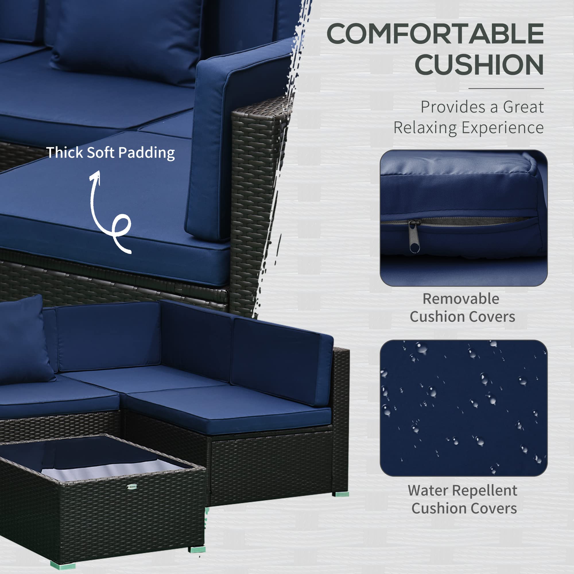 Outsunny 7-Piece Patio Furniture Sets Outdoor Wicker Conversation Sets All Weather PE Rattan Sectional Sofa Set with Cushions & Tempered Glass Desktop, Dark Blue