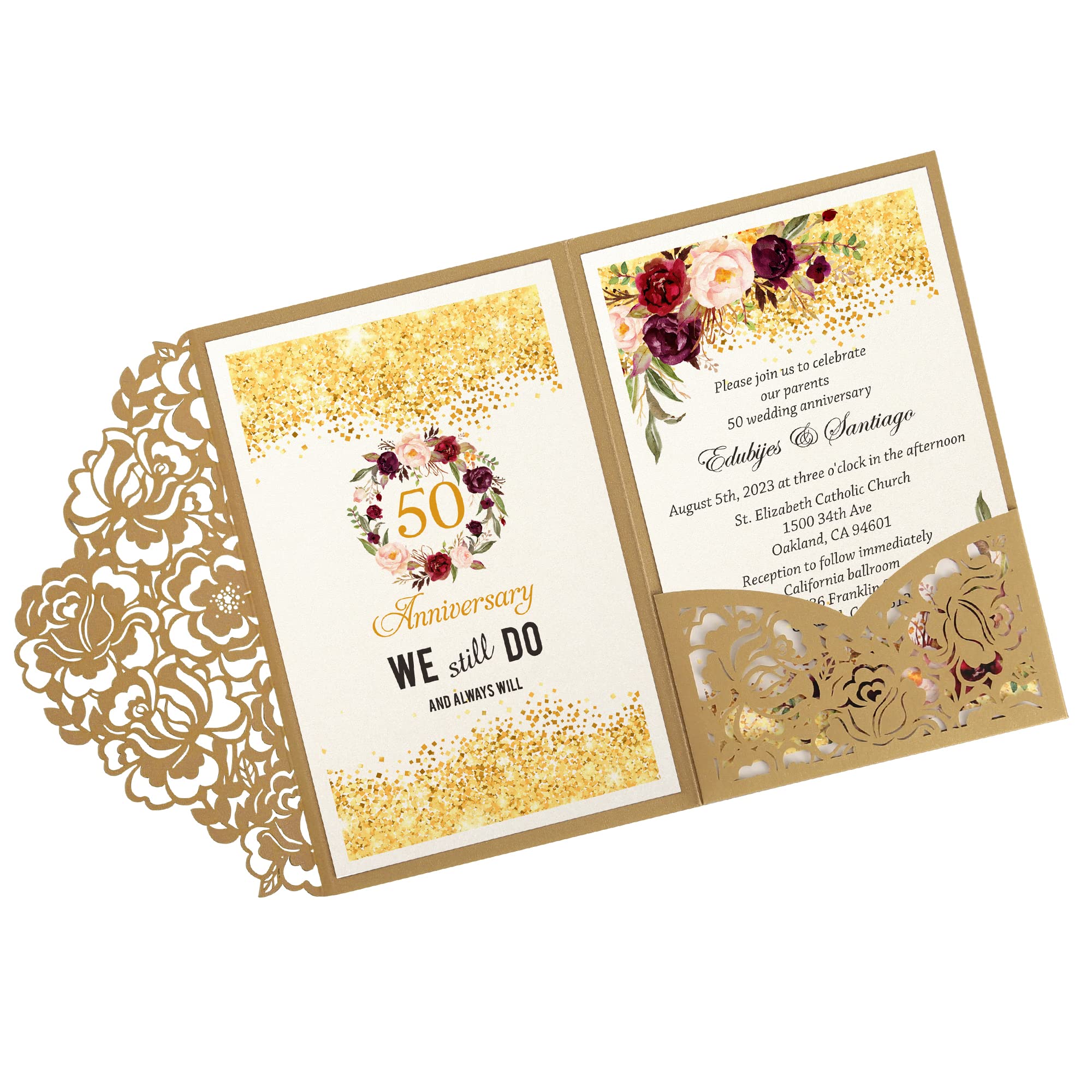 DORIS HOME 50pcs Laser Cut Wedding Invitations with Envelopes Gold, 4.7x7.1 Blank Invitation Cards for Wedding, 50 Anniversary Invitations with Envelopes