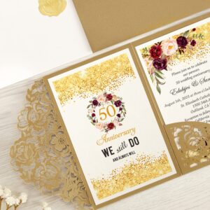 DORIS HOME 50pcs Laser Cut Wedding Invitations with Envelopes Gold, 4.7x7.1 Blank Invitation Cards for Wedding, 50 Anniversary Invitations with Envelopes