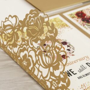 DORIS HOME 50pcs Laser Cut Wedding Invitations with Envelopes Gold, 4.7x7.1 Blank Invitation Cards for Wedding, 50 Anniversary Invitations with Envelopes