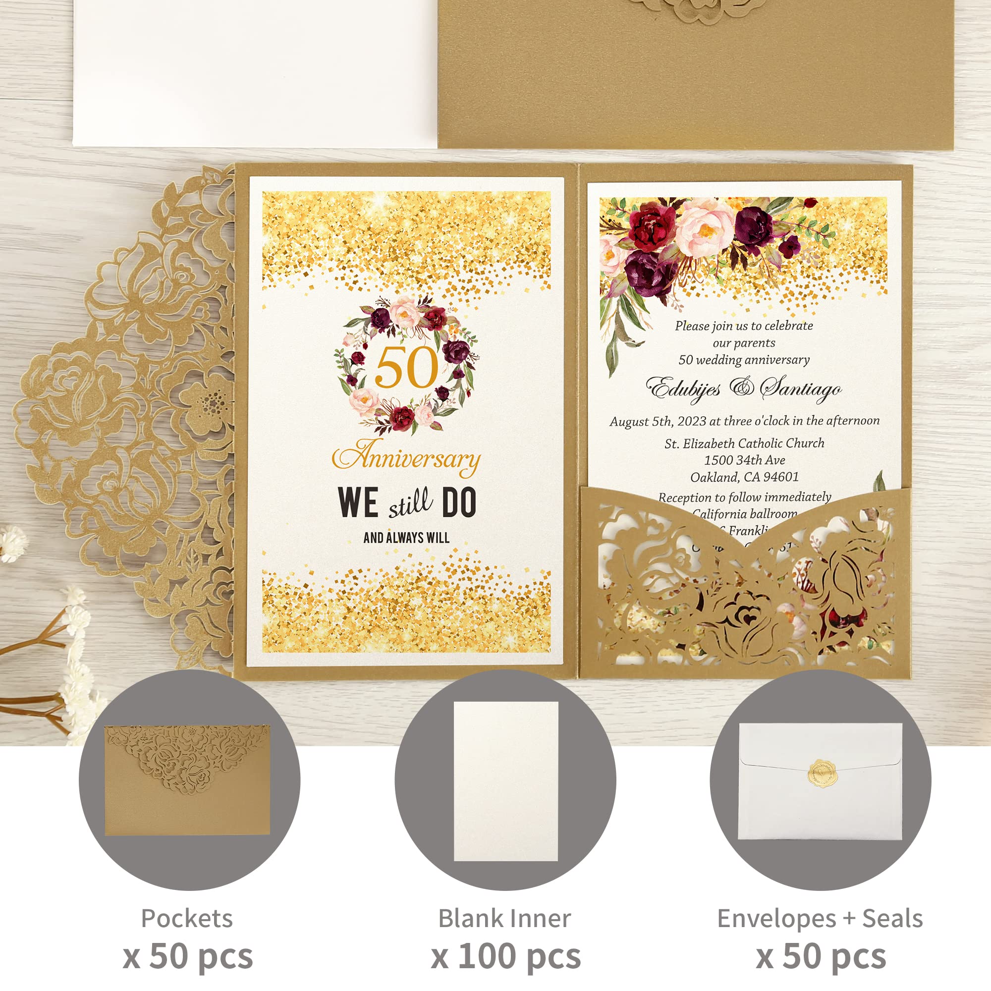 DORIS HOME 50pcs Laser Cut Wedding Invitations with Envelopes Gold, 4.7x7.1 Blank Invitation Cards for Wedding, 50 Anniversary Invitations with Envelopes