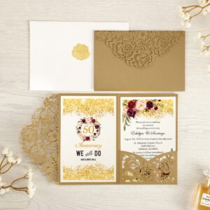 DORIS HOME 50pcs Laser Cut Wedding Invitations with Envelopes Gold, 4.7x7.1 Blank Invitation Cards for Wedding, 50 Anniversary Invitations with Envelopes