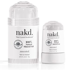 nakd. Thai Crystal Deodorant Stone – 2 Salt Deodorant Crystal Sticks, 4.25 oz. Regular + 2.5 oz. Travel Size – All Natural Unscented Aluminum Free for Women Men & Teens by Vasarii