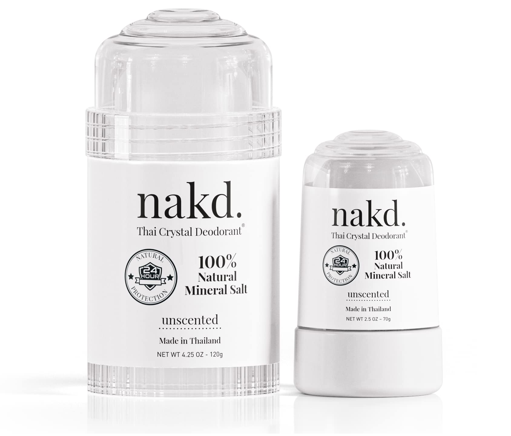 nakd. Thai Crystal Deodorant Stone – 2 Salt Deodorant Crystal Sticks, 4.25 oz. Regular + 2.5 oz. Travel Size – All Natural Unscented Aluminum Free for Women Men & Teens by Vasarii