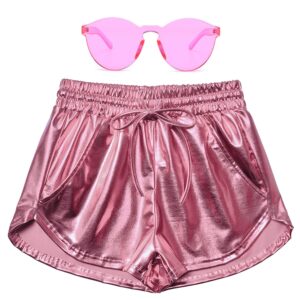 perfashion women's pink metallic shorts summer shiny yoga elastic waist pants matching with glasses