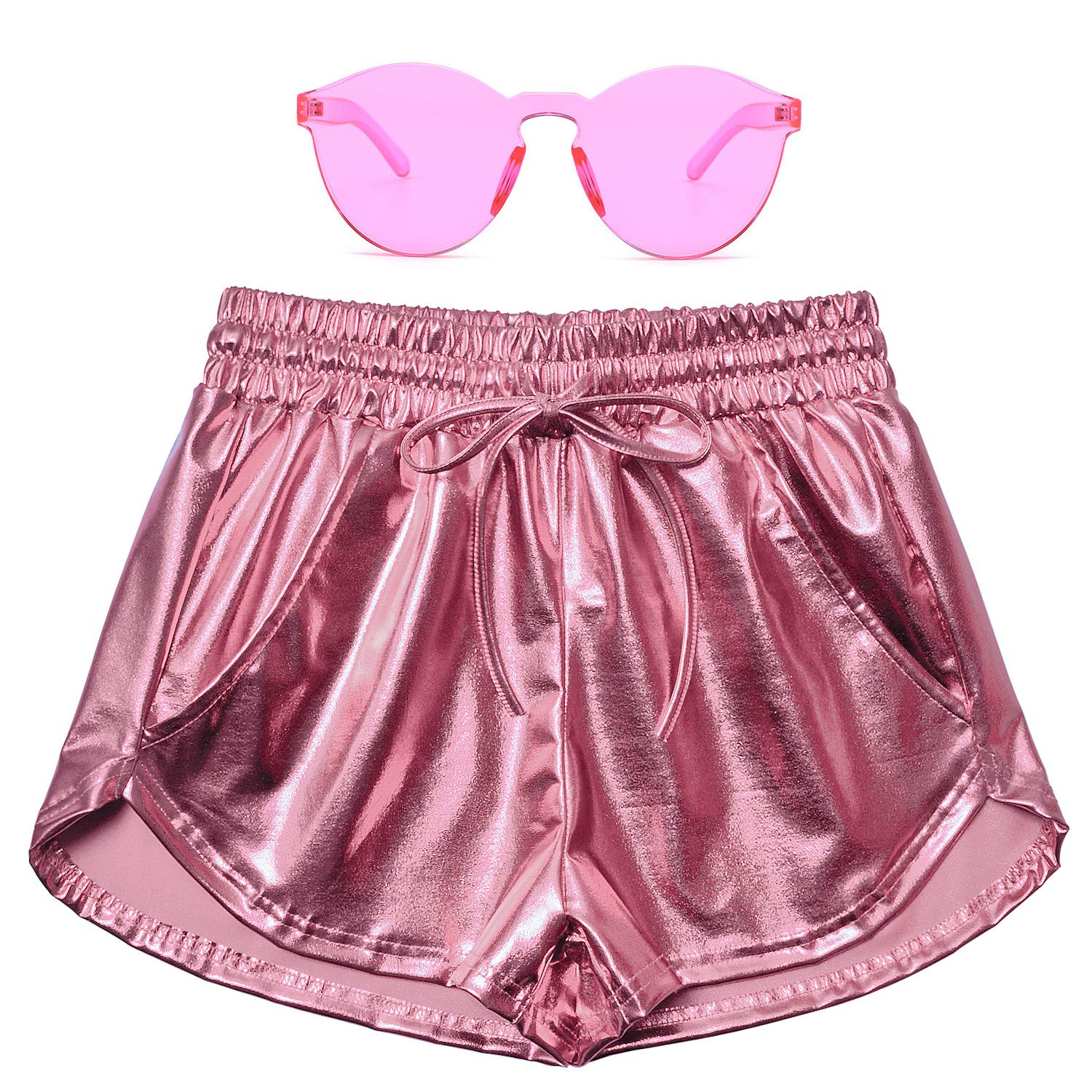 Perfashion Women's Pink Metallic Shorts Summer Shiny Yoga Elastic Waist Pants Matching with Glasses