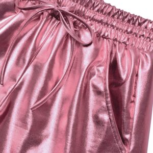 Perfashion Women's Pink Metallic Shorts Summer Shiny Yoga Elastic Waist Pants Matching with Glasses