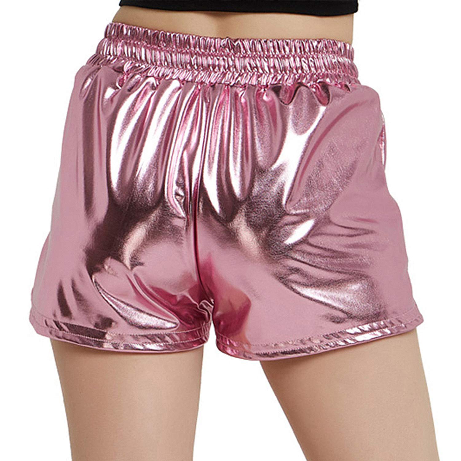 Perfashion Women's Pink Metallic Shorts Summer Shiny Yoga Elastic Waist Pants Matching with Glasses