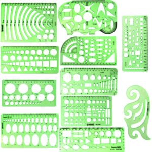 ipxead 11 Piece Geometric Drawing Template Measuring Ruler, Transparent Green Plastic Ruler with Portable Plastic Bag for, for Studying, Designing and Building