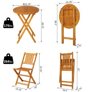 Outsunny 3-Piece Acacia Wood Bistro Set, Folding Patio Furniture with 2 Folding Chairs and Round Coffee Table, Teak, Slatted Finish, for Backyard, Balcony, Deck, Natural