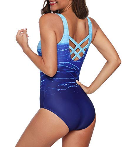 American Trends Women's One Piece Color Block Print Criss Cross Back Athletic Modest Swimsuit, B Blue, 12-14