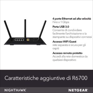 Netgear Nighthawk R6700 Smart AC1750 WiFi Router (WiFi Speed up to 1750 Mbps, 4X GB Ethernet and USB 3.0 Port, with Armor Cyber Protection and Circle Child Protection App)