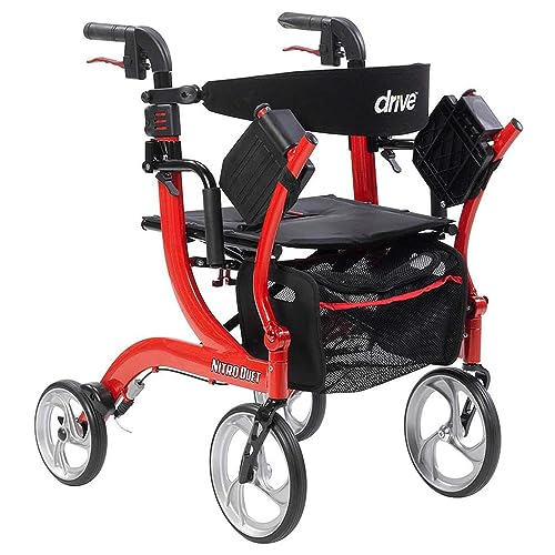 Drive Medical Nitro Dual Function Transport Wheelchair and Rollator Rolling Walker Combo with Hand Activated Brakes and Back Support, Red