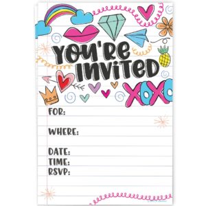 fun girl doodles invitations (20 count) with envelopes - pre teen - tween birthday invitations