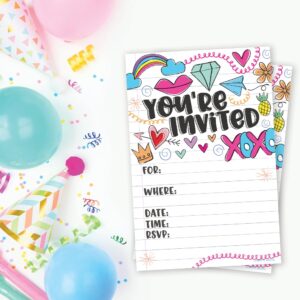 Fun Girl Doodles Invitations (20 Count) With Envelopes - Pre Teen - Tween Birthday Invitations