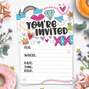 Fun Girl Doodles Invitations (20 Count) With Envelopes - Pre Teen - Tween Birthday Invitations