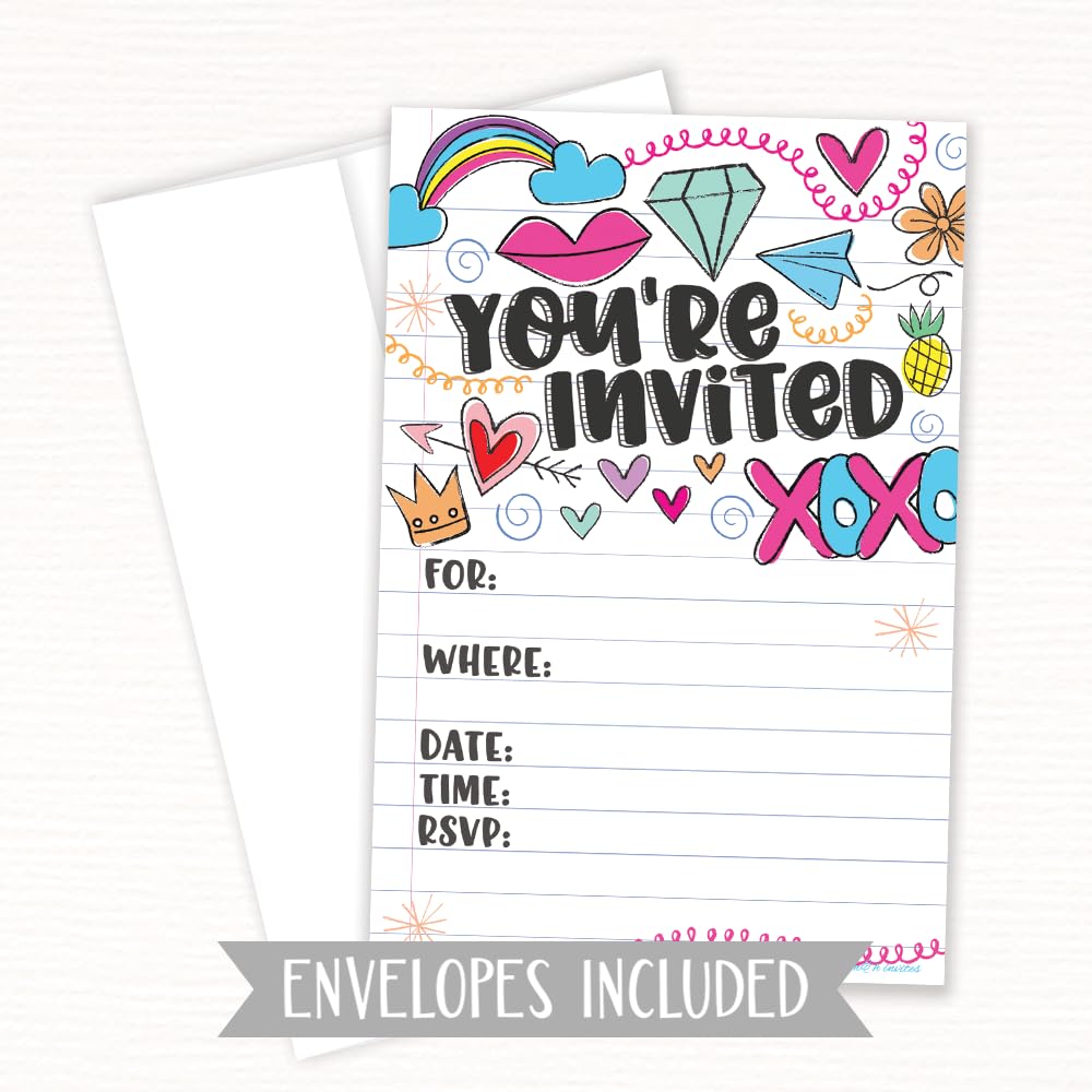 Fun Girl Doodles Invitations (20 Count) With Envelopes - Pre Teen - Tween Birthday Invitations