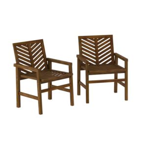 Walker Edison 2 Piece Outdoor Patio Chevron Wood Chair Set All Weather Backyard Conversation Garden Poolside Balcony, Set of 2, Dark Brown