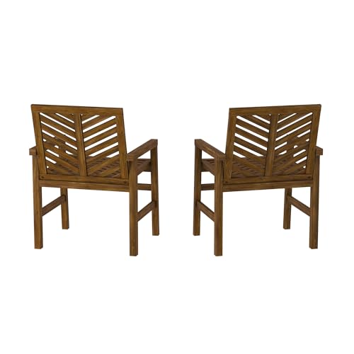 Walker Edison 2 Piece Outdoor Patio Chevron Wood Chair Set All Weather Backyard Conversation Garden Poolside Balcony, Set of 2, Dark Brown