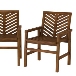 Walker Edison 2 Piece Outdoor Patio Chevron Wood Chair Set All Weather Backyard Conversation Garden Poolside Balcony, Set of 2, Dark Brown