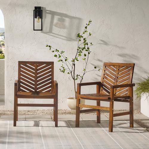 Walker Edison 2 Piece Outdoor Patio Chevron Wood Chair Set All Weather Backyard Conversation Garden Poolside Balcony, Set of 2, Dark Brown