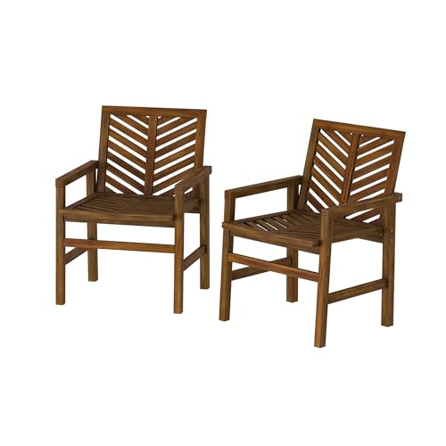 Walker Edison 2 Piece Outdoor Patio Chevron Wood Chair Set All Weather Backyard Conversation Garden Poolside Balcony, Set of 2, Dark Brown