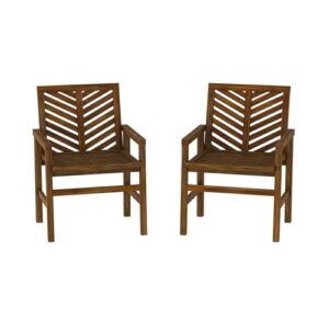 Walker Edison 2 Piece Outdoor Patio Chevron Wood Chair Set All Weather Backyard Conversation Garden Poolside Balcony, Set of 2, Dark Brown