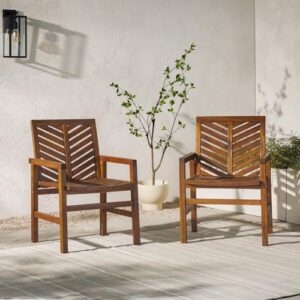 Walker Edison 2 Piece Outdoor Patio Chevron Wood Chair Set All Weather Backyard Conversation Garden Poolside Balcony, Set of 2, Dark Brown