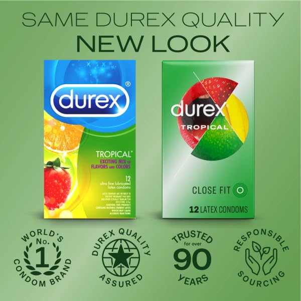 Durex Tropical Condoms, Natural Rubber Latex Condoms for Men, FSA & HSA Eligible, Exciting Flavors, 12 Count (Pack of 3)