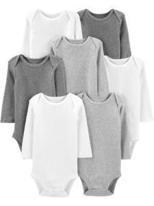 simple joys by carter's unisex babies' long-sleeve bodysuit, pack of 7, white/light grey heather/medium grey heather, 12 months