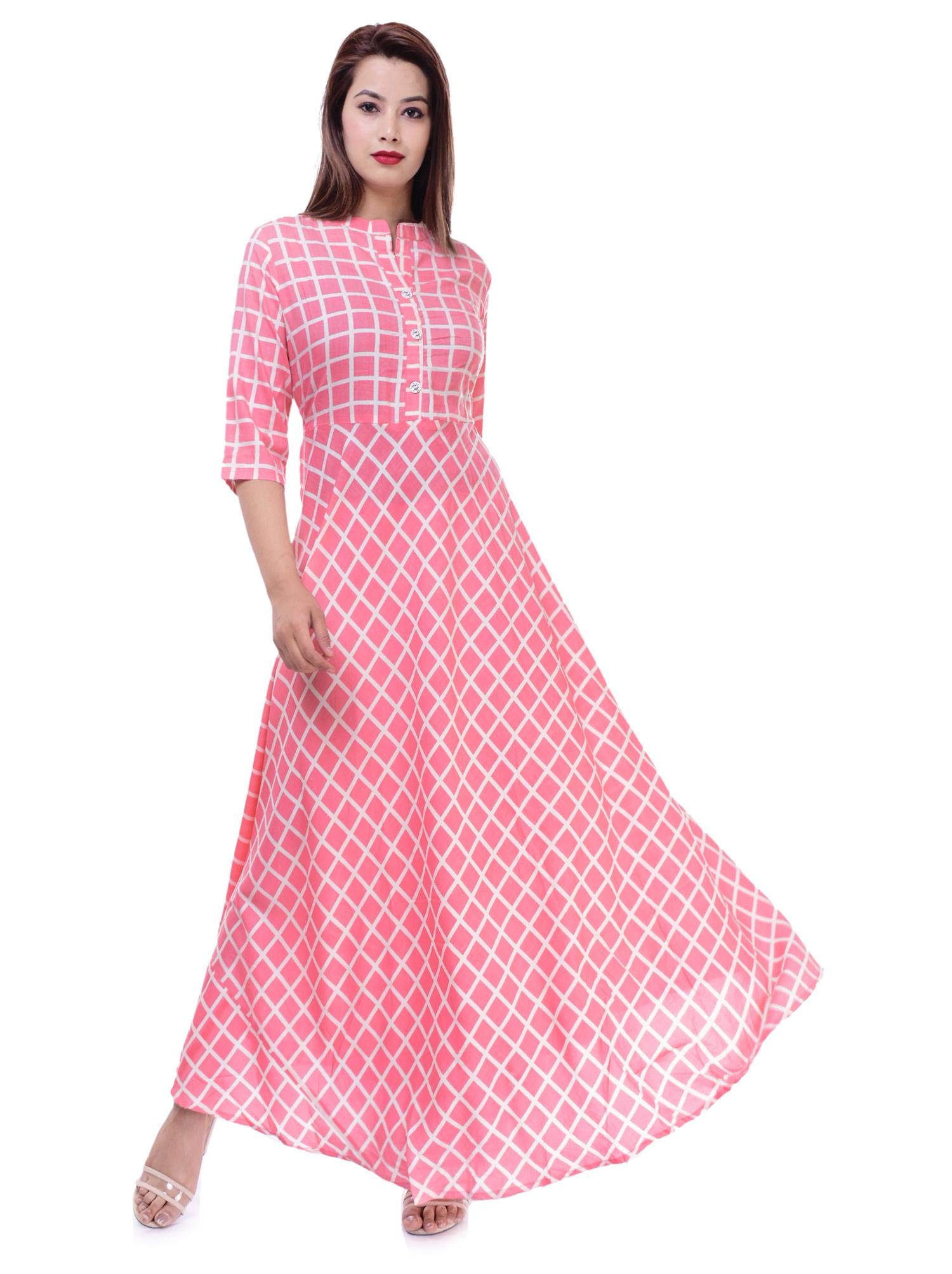 Ramkudi Indian Women's Checks Cotton Kurti Top (Baby Pink)