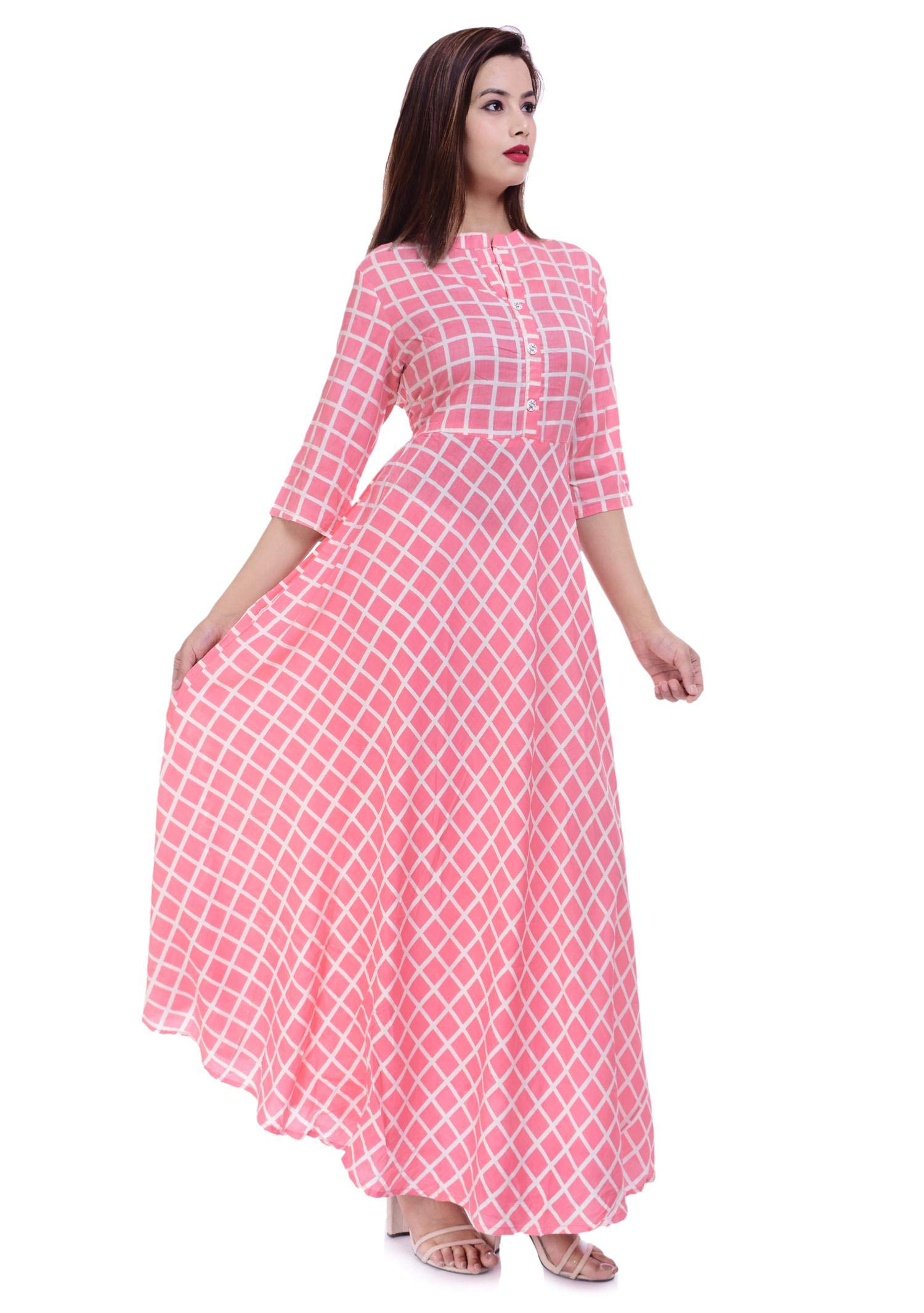 Ramkudi Indian Women's Checks Cotton Kurti Top (Baby Pink)