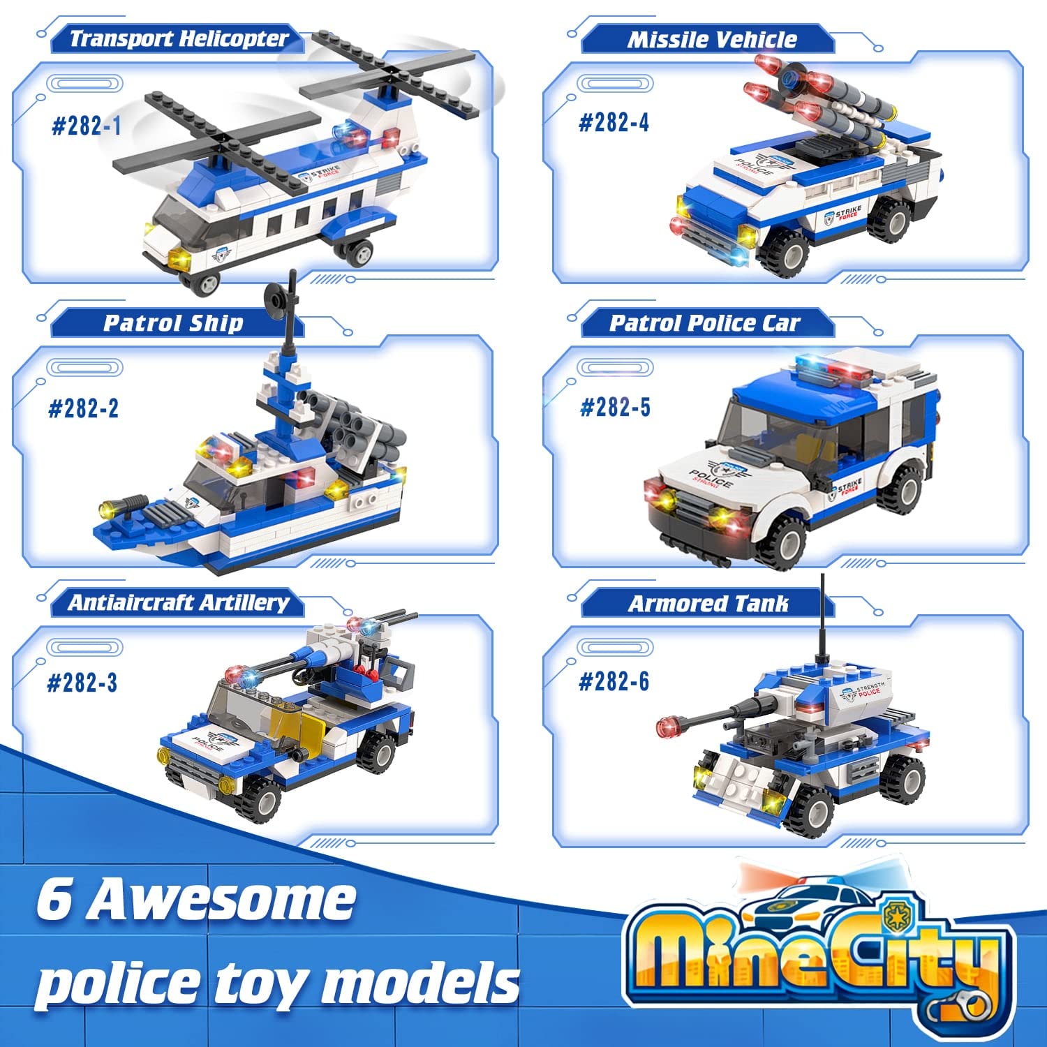 WishaLife 1169 Pieces City Police Station Building Kit, 6 in 1 Military Battleship Building Toy, with Police Cars, Boat, Airplane, Best STEM Construction Toy Gift for Boys and Girls 6-12