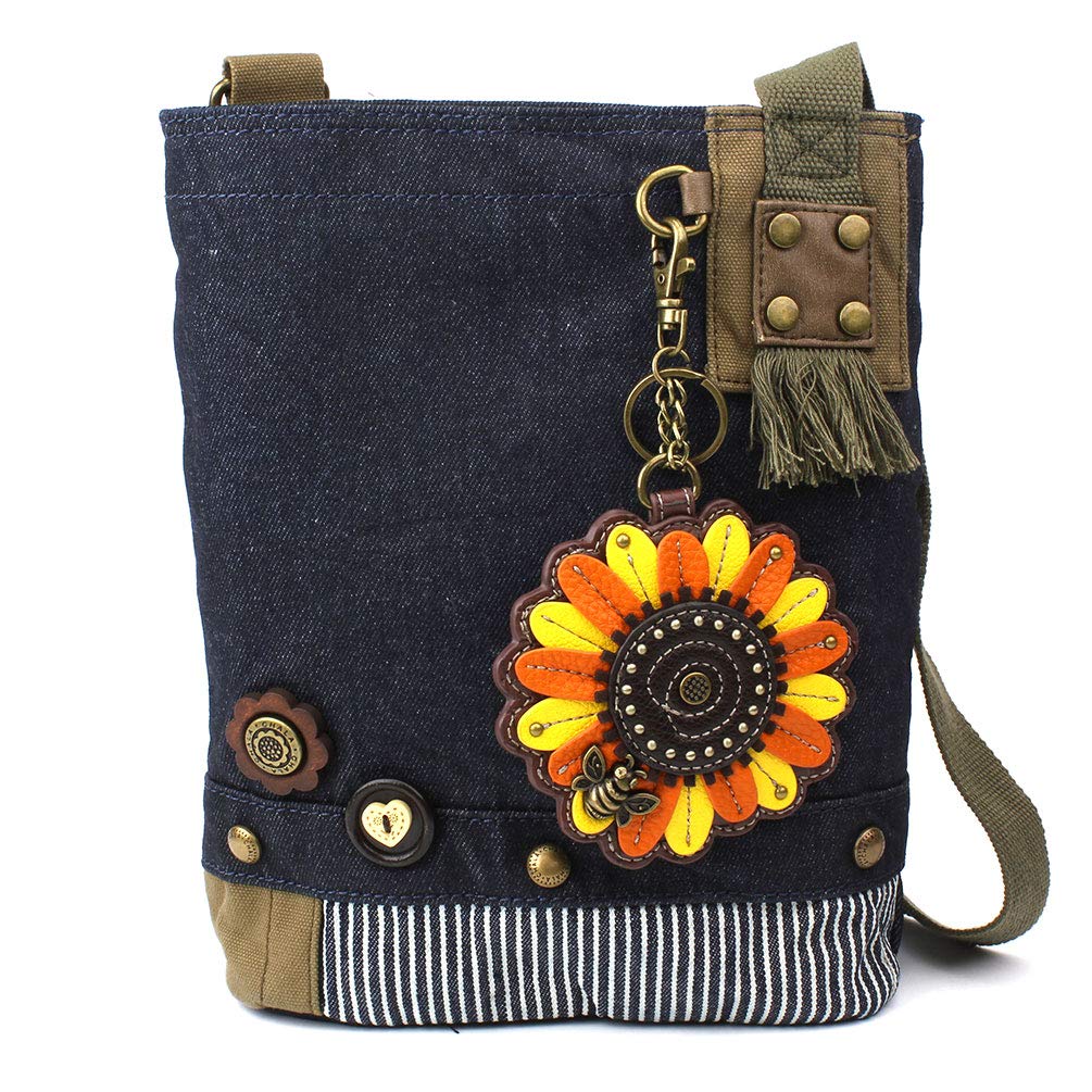 Chala Patch Cross-Body Women Handbag, Blue Denim Canvas Messenger Bag - Sunflower - Denim