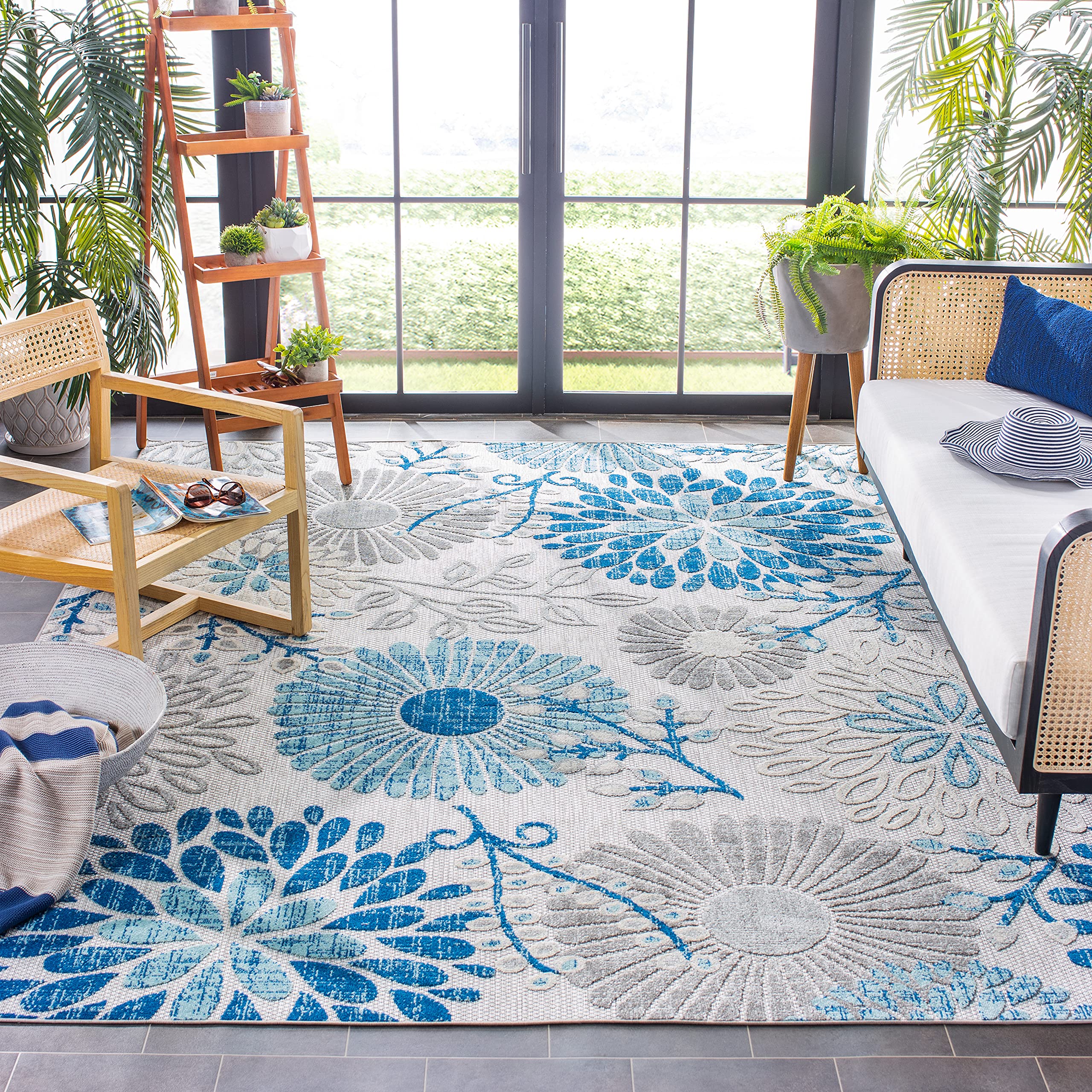 SAFAVIEH Cabana Collection Area Rug - 8' x 10', Grey & Blue, Floral Design, Non-Shedding & Easy Care, Indoor/Outdoor & Washable-Ideal for Patio, Backyard, Mudroom (CBN832F)