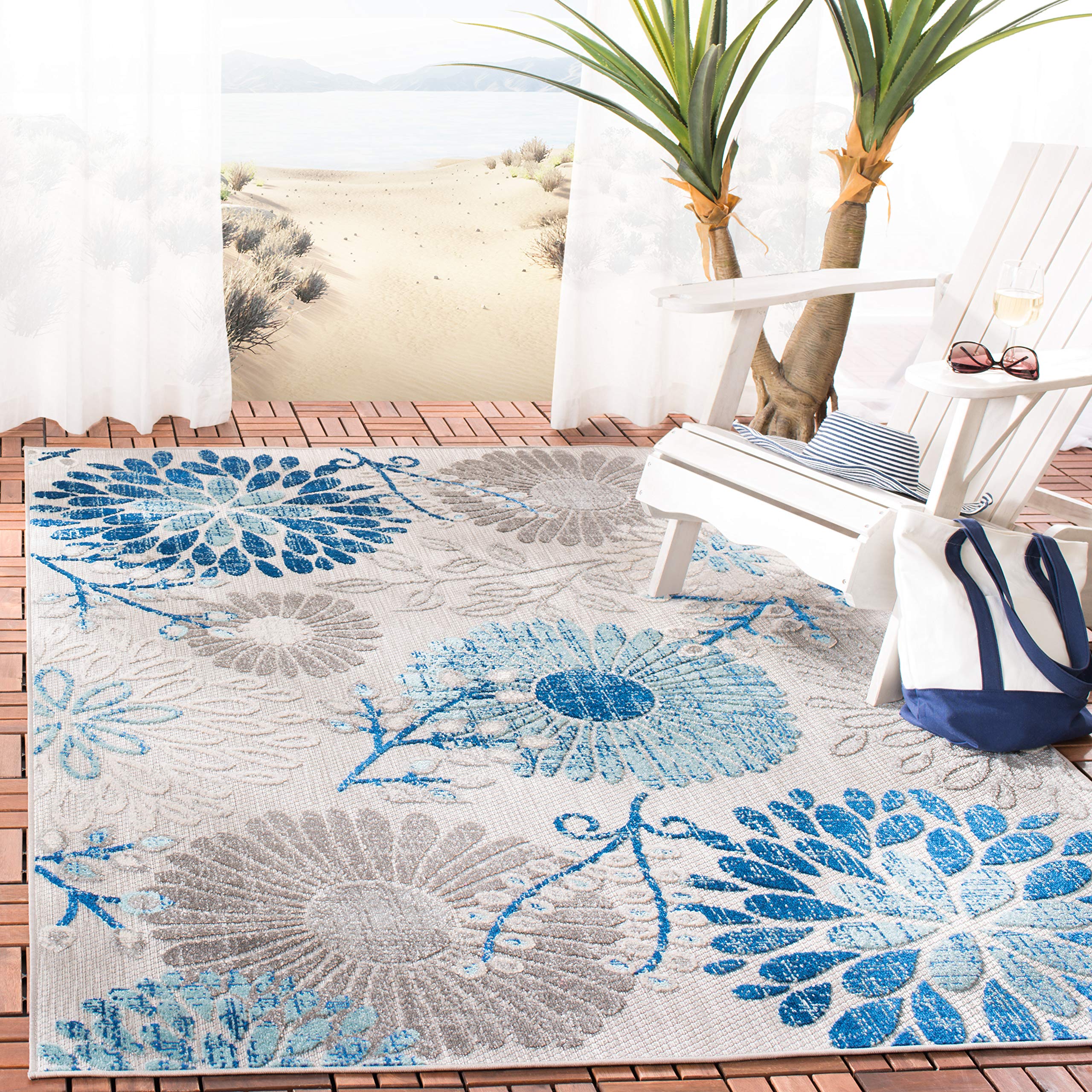 SAFAVIEH Cabana Collection Area Rug - 8' x 10', Grey & Blue, Floral Design, Non-Shedding & Easy Care, Indoor/Outdoor & Washable-Ideal for Patio, Backyard, Mudroom (CBN832F)