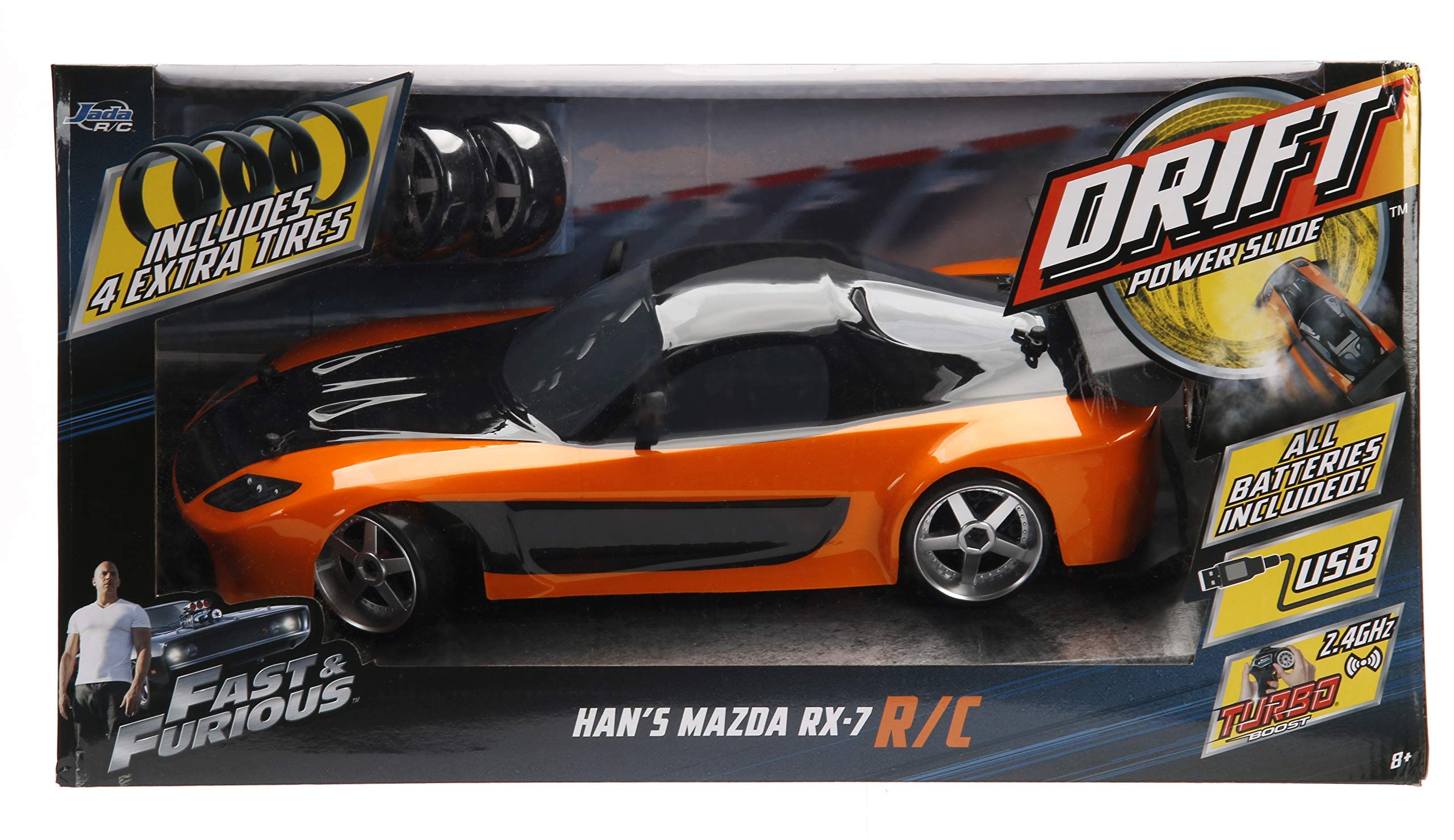 Jada Toys Fast & Furious Han’s Mazda RX-7 Drift RC Car, 1: 10 Scale 2.4Ghz Remote Control Orange & Black, Ready to Run, USB Charging (standard) (99700)