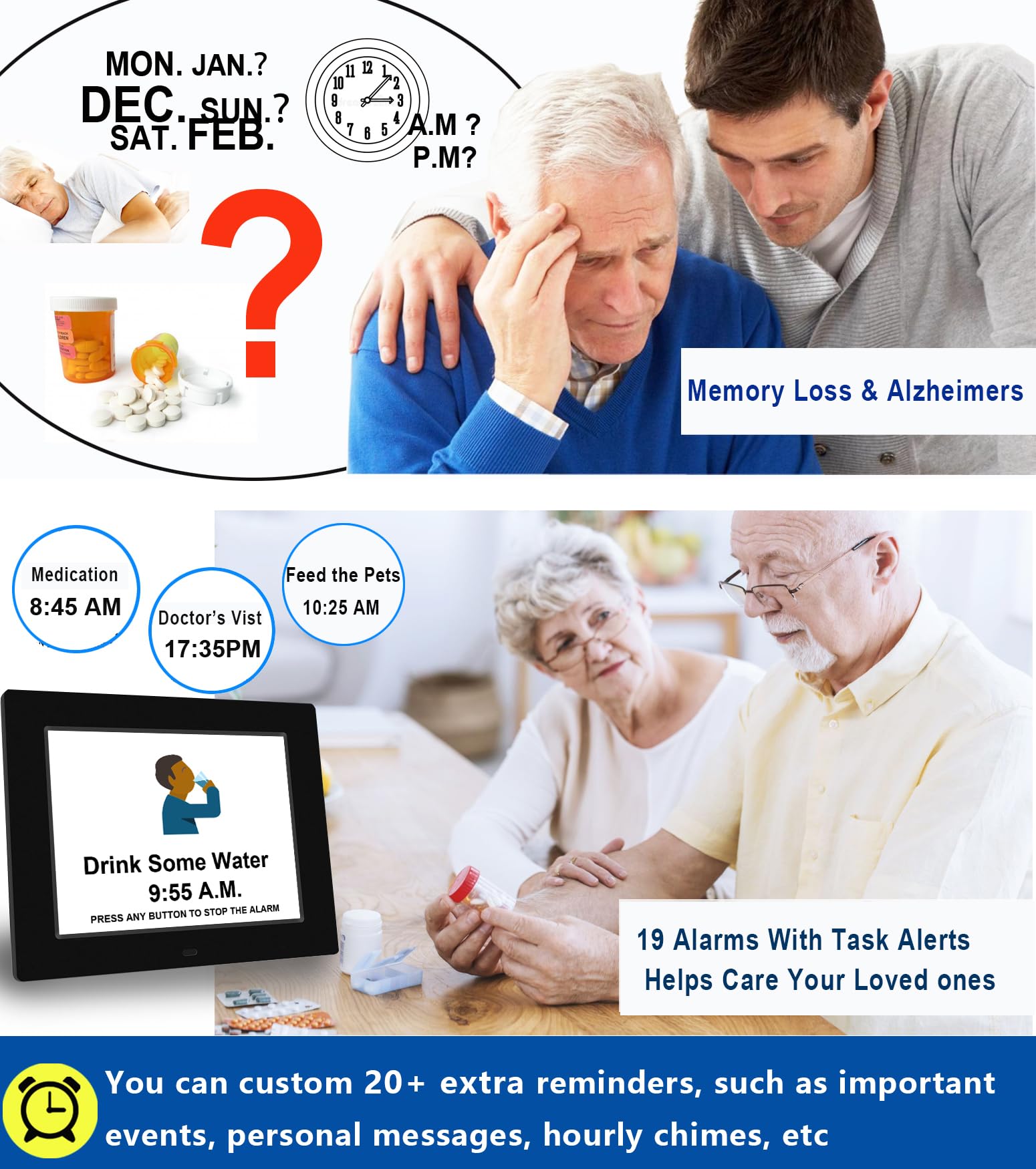 【Upgraded】 Dementia Clock 2.0 with Auto DST, Large 8" Display, 19 Alarms, DIY Custom Reminders,10 Auto-Dim Options, Non-Abbreviated Digital Clock for Elderly, Memory Function (8 Inch with Remote)