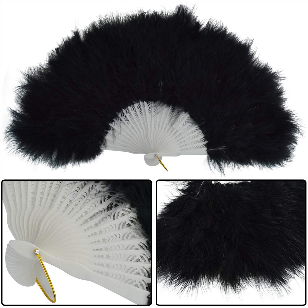 Wobe 20s Vintage Feather Fan Flapper Dance Roaring Gatsby Burlesque Handheld Marabou Feather Fan Flapper Accessories (Black)