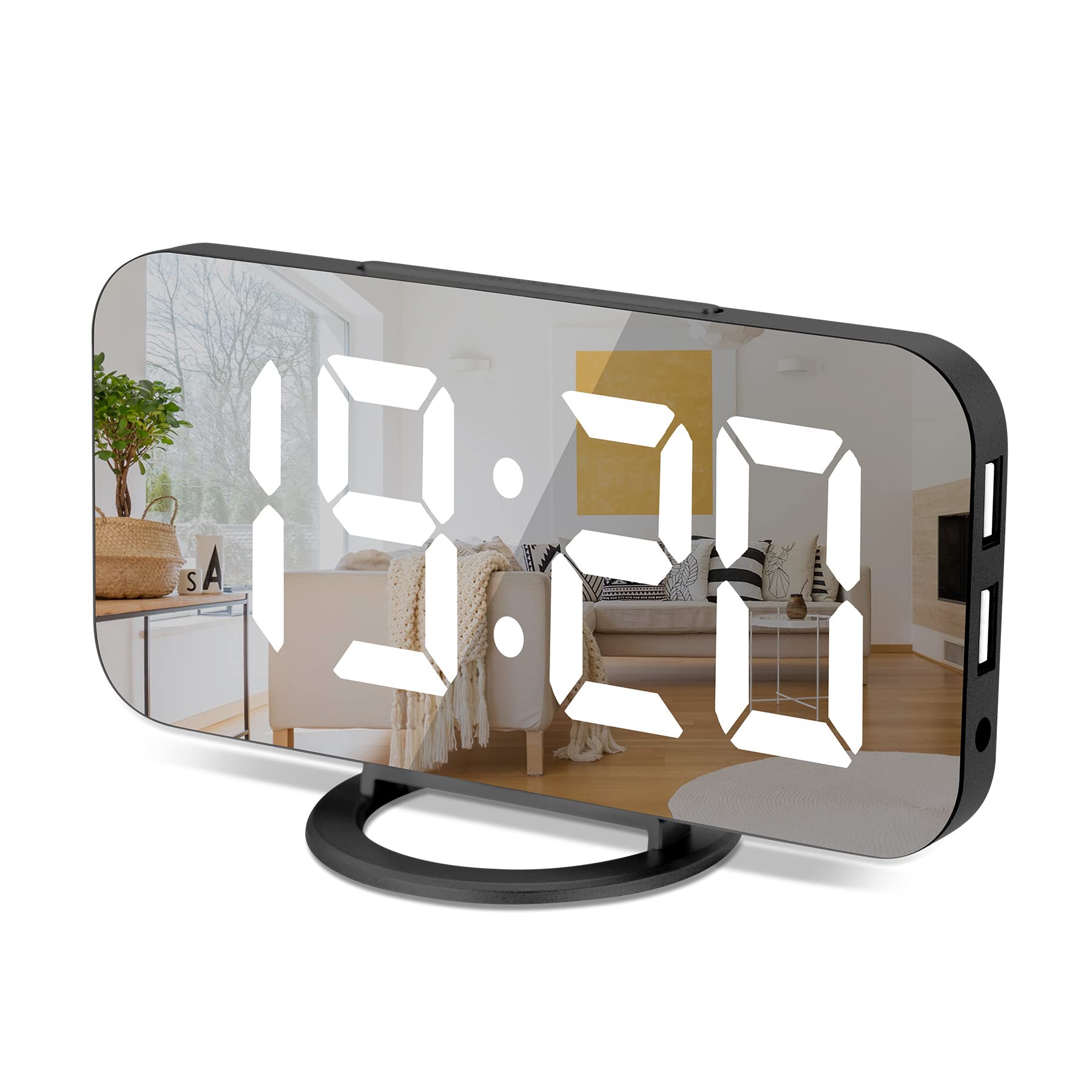 Digital Alarm Clock,6" Large LED Display with Dual USB Charger Ports | Auto Dimmer Mode | Easy Snooze Function, Modern Mirror Desk Wall Clock for Bedroom Home Office for All People (Black)