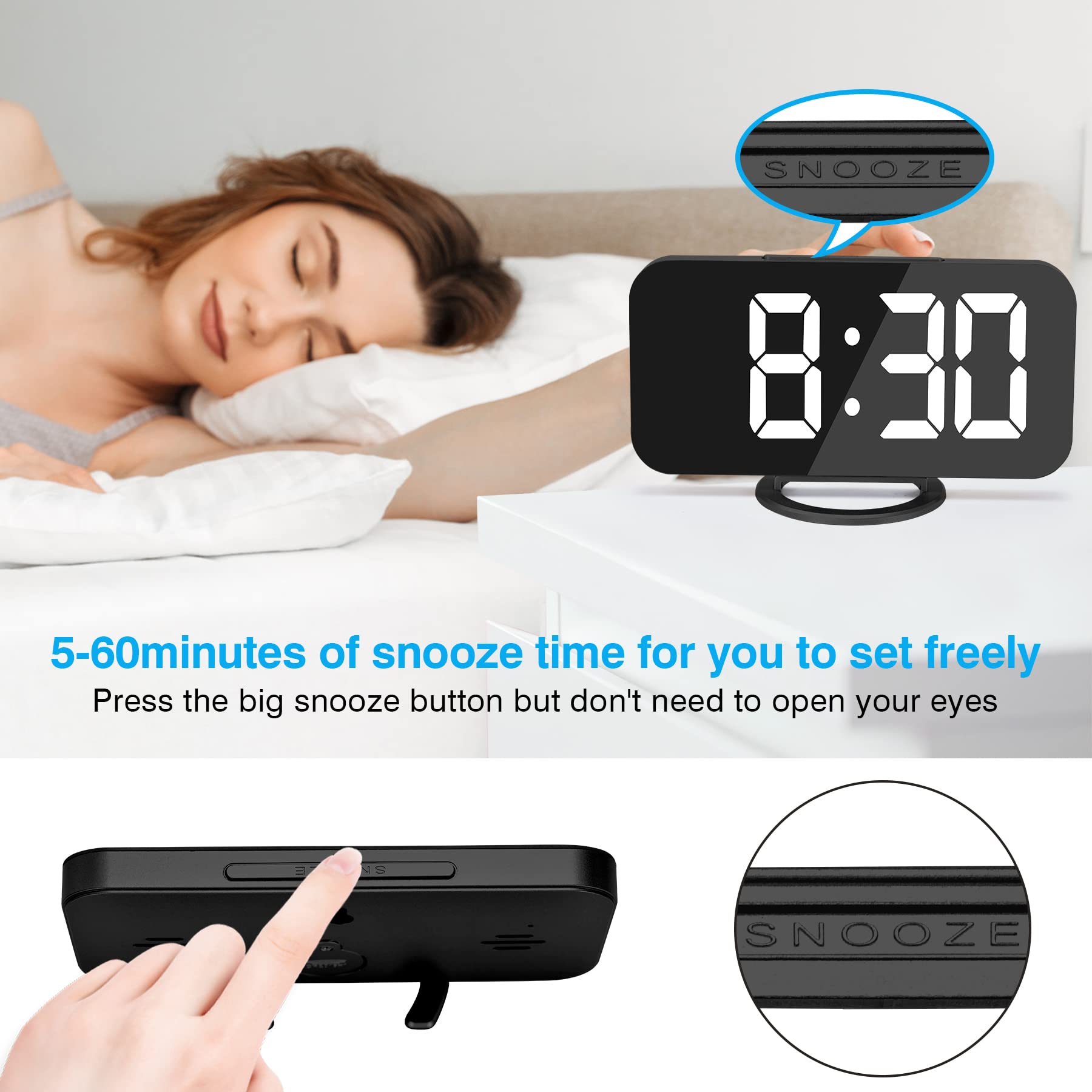 Digital Alarm Clock,6" Large LED Display with Dual USB Charger Ports | Auto Dimmer Mode | Easy Snooze Function, Modern Mirror Desk Wall Clock for Bedroom Home Office for All People (Black)