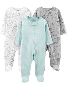 simple joys by carter's baby 3-pack neutral sleep and play, green stripe/grey lion/white stars, newborn