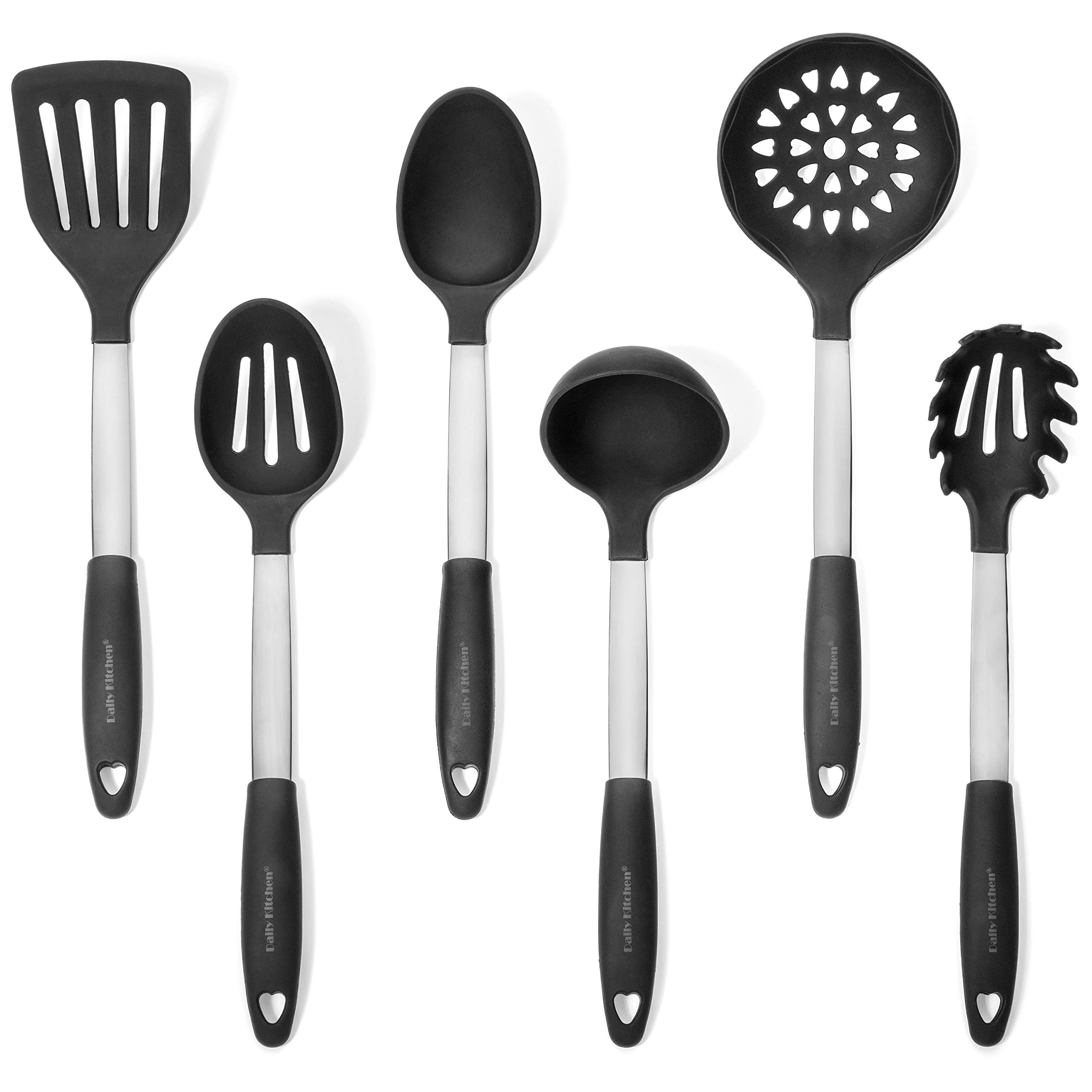 Daily Kitchen Utensils Set Silicone and Stainless Steel - Heat Resistant Cooking Utensils for Non Stick Cookware - Silicone Utensils Cooking Utensil Set - Kitchen Tools and Gadgets - 6-Piece Tool Set