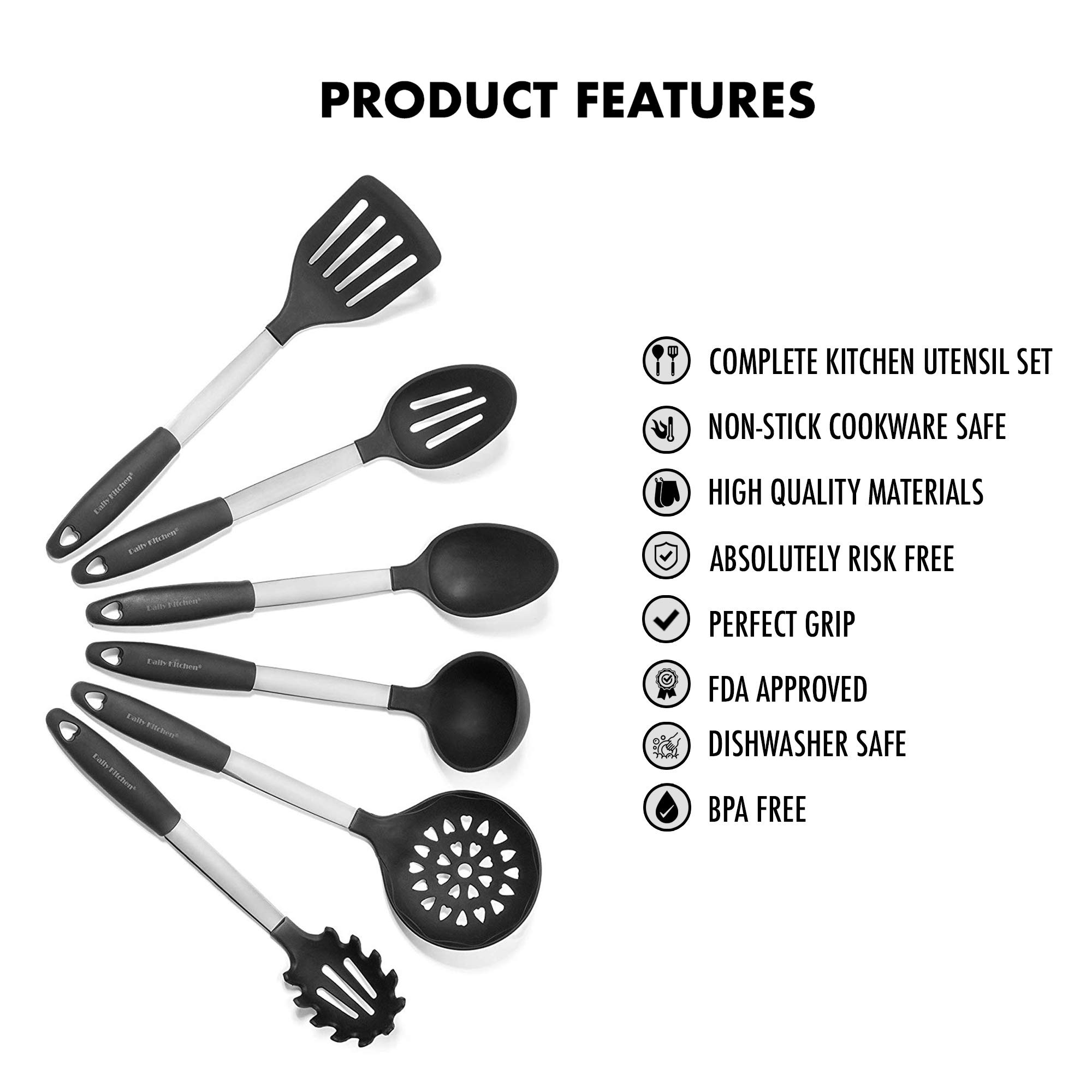 Daily Kitchen Utensils Set Silicone and Stainless Steel - Heat Resistant Cooking Utensils for Non Stick Cookware - Silicone Utensils Cooking Utensil Set - Kitchen Tools and Gadgets - 6-Piece Tool Set