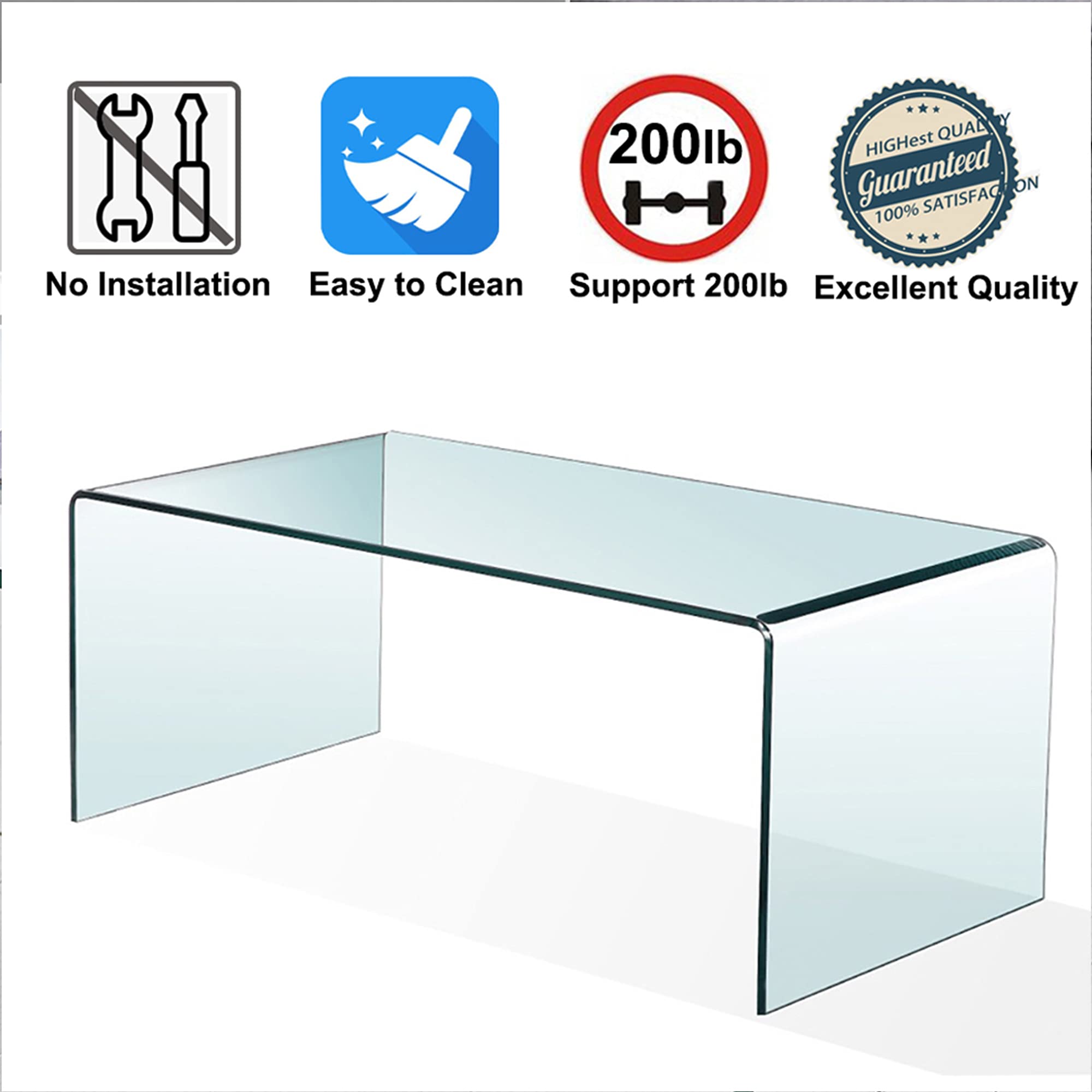 SMARTIK Glass Coffee Table, Modern Clear Tempered Glass Coffee Table for Living Room, Easy to Clean and Safe Rounded Edges (Medium 39.4" x 19.7" x 13.8")