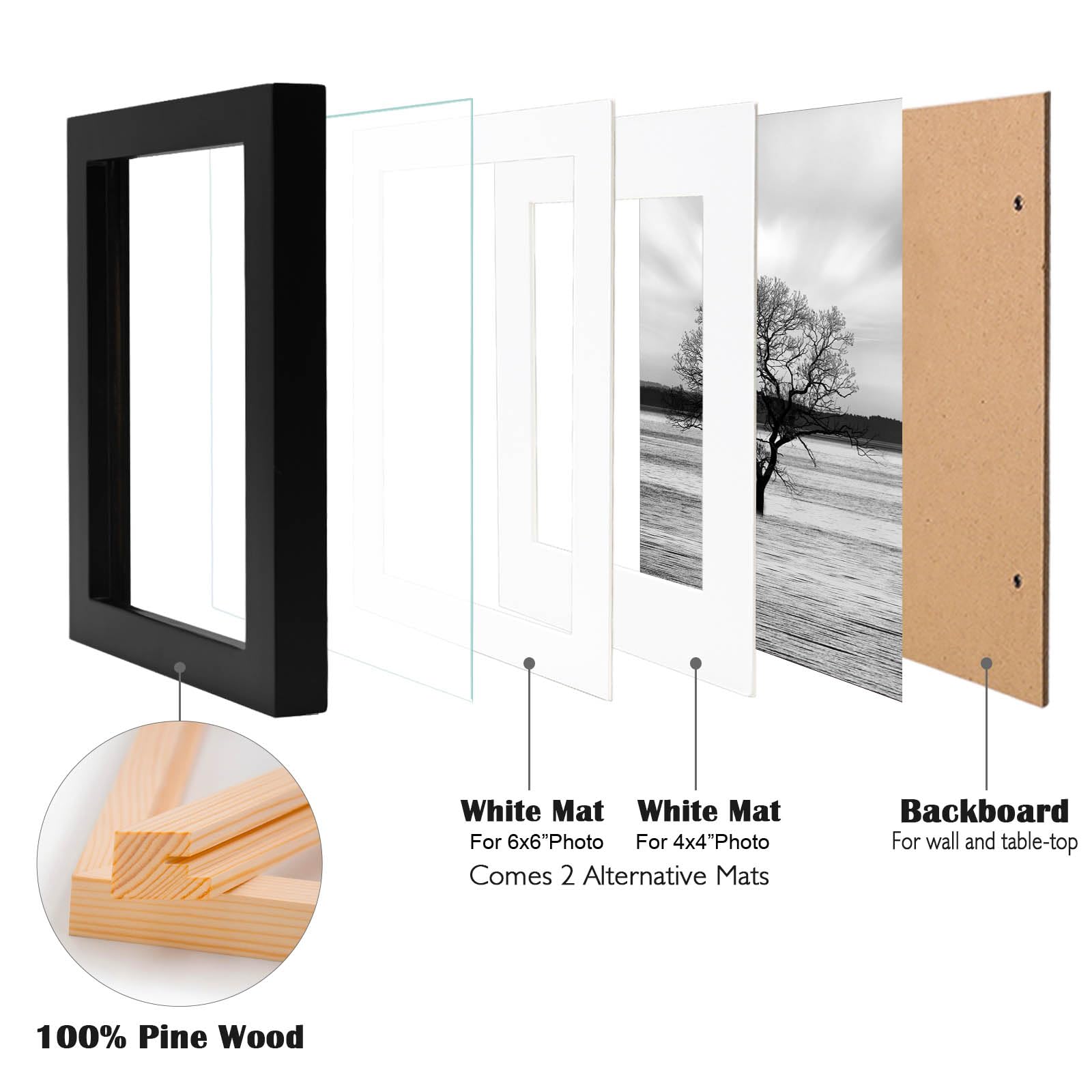 Egofine 8x8 Picture Frames 4 PCS - Made of Solid Wood Covered by Plexiglass Display 4x4/6x6 with Mat or 8x8 without Mat, for Table Top Display and Wall Mounting Photo Frame Black