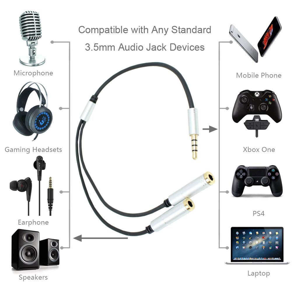 CamDesign Silver Headset Y Splitter Audio Adapter Cable 3.5mm Male to 2 Female Mic Audio CTIA Headphone Adapter Compatible with PC Gaming Headset,PS4,Xbox One,Notebook,Android iPhone Tablet MP3